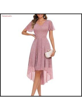 Sequin V-Neck High Low Midi Dress Short Sleeve Formal Prom